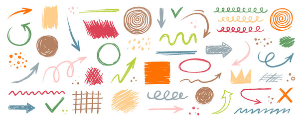 Aufkleber - Arrow abstract brush line stroke color vector set. Kid color paint square, spiral, arrow element shape scribble line brush hand drawn sketch design. Grunge abstract chalk, crayon pencil style. Vector