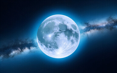 blue full moon against milky way galaxy