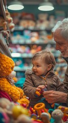 Wall Mural - An older man and a small child in toy store. Generative AI.