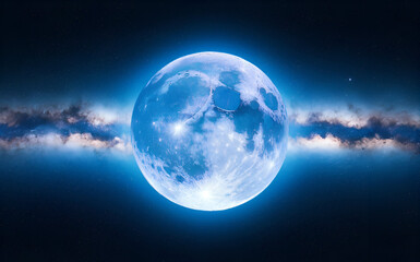 blue full moon against milky way galaxy