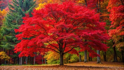 Vibrant crimson tree in autumn forest , autumn, foliage, colorful, red, nature, vibrant, leaves, tree, forest, seasonal