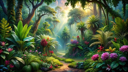 Wall Mural - Lush fantasy jungle with colorful exotic flowers, towering trees, and vibrant wildlife, fantasy, jungle, vibrant, exotic