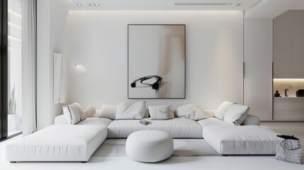 Wall Mural - a sleek and stylish living room design characterized by its minimalist furnishings and a pristine white backdrop, where a captivating artwork serves as the focal point