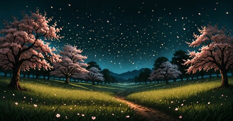 sakura blossom trees blooming in dark night park meadow tree orchard. scattered petals blowing in wind. nature landscape tree and mountain template background.