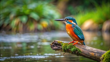 Wall Mural - Kingfisher perched on log in secluded river valley, Kingfisher, bird, perched, log, river, valley, nature, wildlife