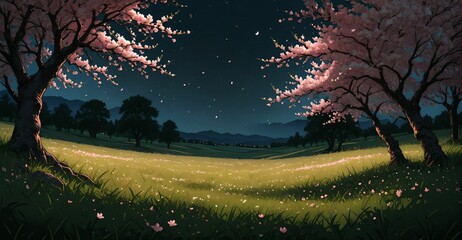 sakura blossom trees blooming in dark night park meadow tree orchard. scattered petals blowing in wind. nature landscape tree and mountain template background.