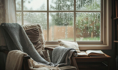 Wall Mural - a cozy reading nook by a window on a rainy day background-generative ai