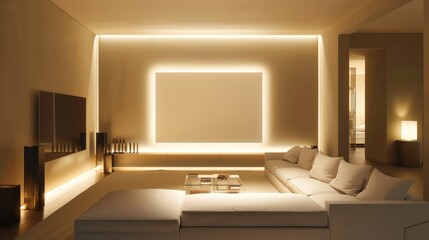 Wall Mural - a sleek and stylish lounge space with minimalist furnishings and a striking white canvas on the wall, evoking a sense of modern elegance and tranquility