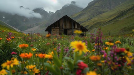 Wall Mural - Colorful flowers in the foreground of an old shepherd s hut in the mountains