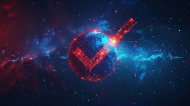 A glowing red and blue check mark is placed on a planet in space. The check mark is surrounded by a galaxy of stars and planets. Concept of exploration and discovery