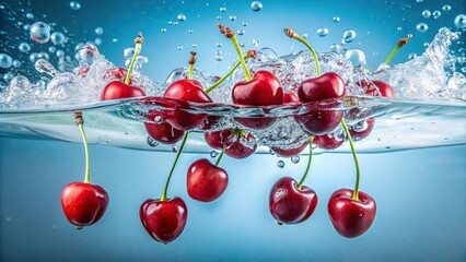 Wall Mural - Fresh cherries falling into crystal clear water surrounded by cherry floats, cherry, fruit, water, float, refreshing, summer