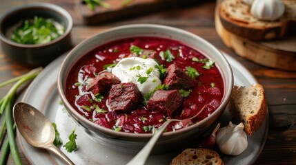 Wall Mural - Red beet soup with meat and veggies served alongside sour cream bread green onion parsley and garlic on the plate with a metal spoon