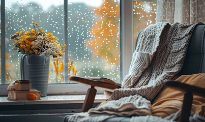 Wall Mural - a cozy reading nook by a window on a rainy day background-generative ai