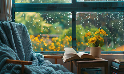 Wall Mural - a cozy reading nook by a window on a rainy day background-generative ai