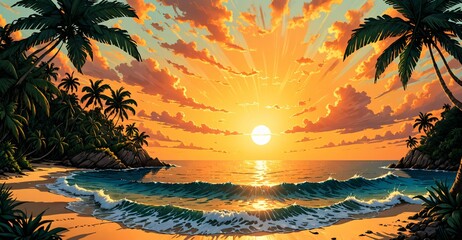 Poster - beach ocean island sunset. tropical sea water waves on shoreline. sand on shore waterfront coast and paradise palm trees.