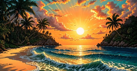 Sticker - beach ocean island sunset. tropical sea water waves on shoreline. sand on shore waterfront coast and paradise palm trees.