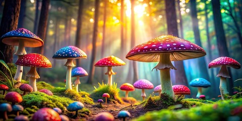 Wall Mural - Enchanted forest with vibrant, colorful mushrooms , magic, whimsical, fantasy, nature, woodland, fairytale, enchanting