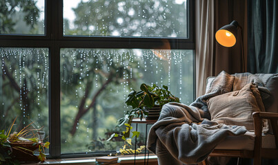 Wall Mural - a cozy reading nook by a window on a rainy day background-generative ai