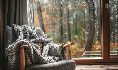 Wall Mural - a cozy reading nook by a window on a rainy day background-generative ai