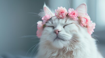 Wall Mural - Charming white cat with pink flower crown on gray background