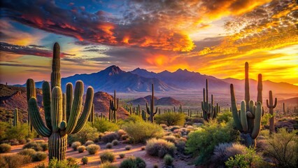 Wall Mural - Vibrant sunset in the desert with silhouettes of cacti and mountains, sunset, desert, vibrant, colors, cacti, mountains, dusk