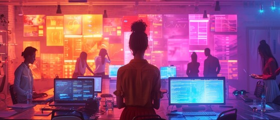 Creative tech team working in illuminated modern office with colorful screens. Collaborative brainstorming and coding session.