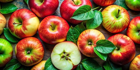 Wall Mural - Fresh apple slices and vibrant green leaves, perfect for a healthy snack or autumn-themed design, apple, slices, leaves, fresh