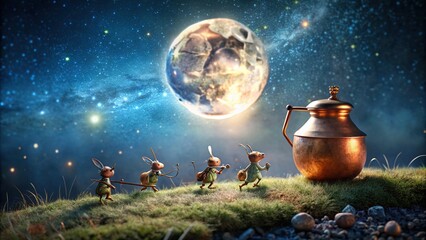 Moonlit night scene with small creatures carrying copper object, moon, night sky, creatures, scurrying, copper object