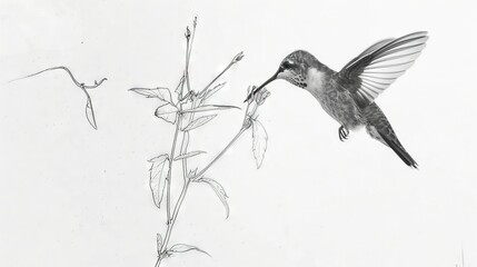 Wall Mural -   A monochrome image captures a Hummingbird in flight above a floral plant with its beak full