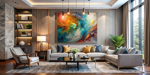 Wall Mural - Glamorous abstract art blending seamlessly with modern living room interior, modern, contemporary, luxurious, vibrant