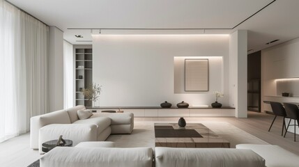 Wall Mural - a tranquil and minimalist living space characterized by sleek furnishings and clean lines, with a pristine white canvas serving as a focal point
