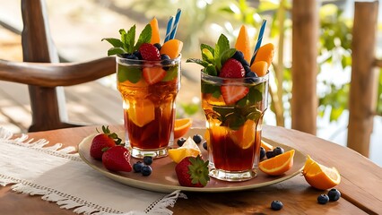 Wall Mural - Two glasses of iced tea with mint and fruits on wooden table