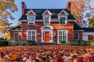 Wall Mural - A red-brick suburban home with white windows, a black roof, and an orange front door, with autumn leaves scattered across the front yard.