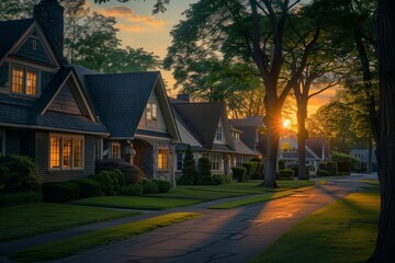 Wall Mural - A serene suburban street at sunset, lined with charming houses, their windows aglow with warm light, lush green lawns, and tall trees casting long shadows.