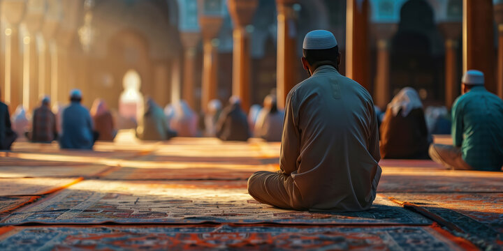 Lamenting Muslims on a call to prayer in a mosque