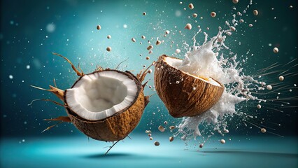 Coconut explosion with pieces of coconut flying in render, coconut, explosion,render, food, tropical, burst, splatter, raw, organic