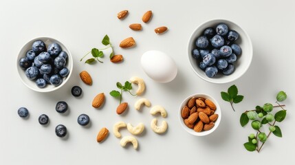 almonds, dates, cashews, blueberries and eggs arranged loosely and organically on a white table with space in the middle 