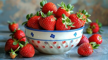   Strawberries arranged on a table next to another bowl of strawberries
