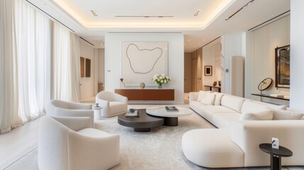 Wall Mural - an elegantly minimalist living space exuding contemporary sophistication and refined simplicity, with carefully selected furnishings against a backdrop of clean lines and neutral hues