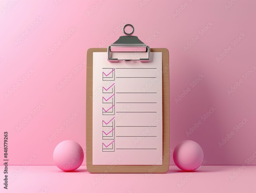 3D rendering of a clipboard icon with a checklist form on a pastel pink ...