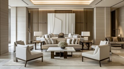 Wall Mural - an elegantly minimalist lounge area showcasing refined simplicity and contemporary sophistication, with carefully selected furnishings against a backdrop of clean lines and neutral hues