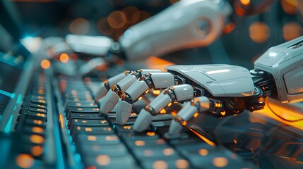 robotic writer ai powered creative typing on futuristic keyboard generating stories and scripts