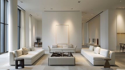 Wall Mural - an exquisitely minimalist living space exuding contemporary elegance and refined simplicity, with carefully selected furnishings against a backdrop of clean lines and neutral hues