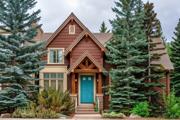 Wall Mural - A suburban house with a brown wooden exterior, beige trim, and a teal front door, nestled among tall, green pine trees.