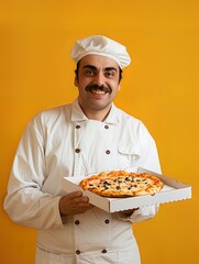 Wall Mural - chef holding pizza on an yellow background