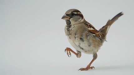 Wall Mural -   A small brown and white bird stands on its hind legs in front of a white background, with one leg raised