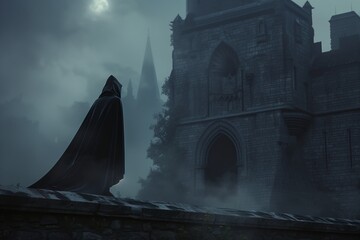 Mysterious Cloaked Figure Overlooking Gothic Castle at Night, Halloween Costume Concept