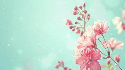 Wall Mural - Beautiful Pink Spring Flowers on Soft Blue Background. wide copy space. high quality. 8k. high resolution