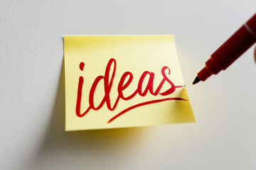 a yellow sticky note with the word ideas written on it wall background inspirational symbols creativity business 