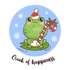 Sticker - Christmas frog in winter hat with striped candy cane with holly. Cute animal kawaii character. Vector illustration. Cool holiday card with funny slogan. Kids collection.